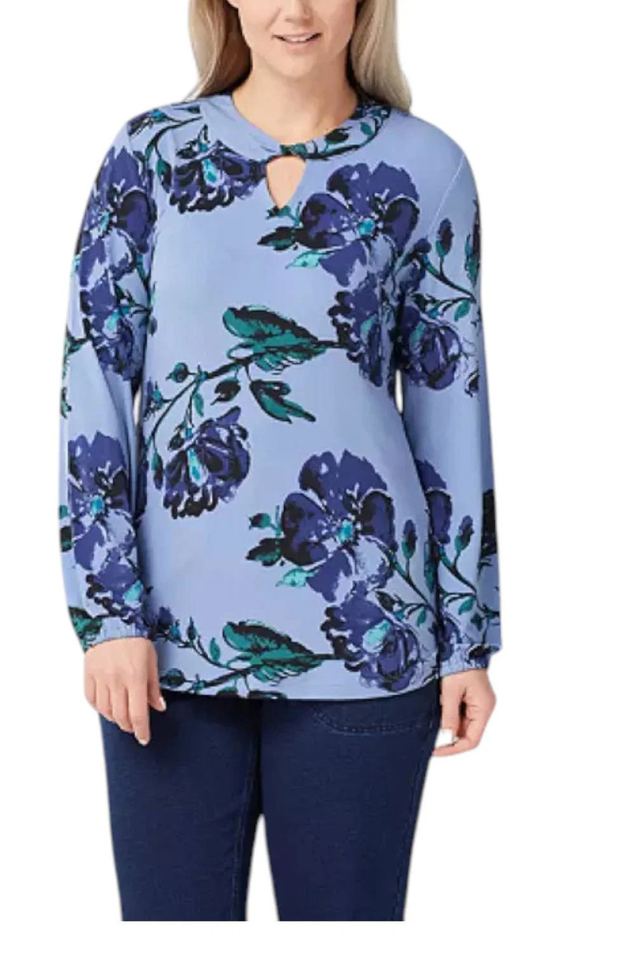 Studio by Denim & Co. Women's Printed LongSlv Top w Keyhole Blue - Regular